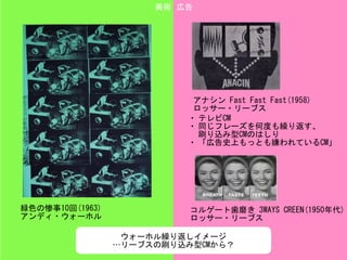 アナシン	Fast	Fast	Fast(1958)	
ロッサー・リーブス
美術 広告
緑色の惨事10回(1963)	
アンディ・ウォーホル
• テレビCM	
• 同じフレーズを何度も繰り返す、 
刷り込み型CMのはしり	
• 「広告史上もっとも...