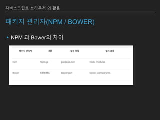 자바스크립트 브라우저 외 활용
패키지 관리자(NPM / BOWER)
▸NPM 과 Bower의 차이
 