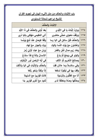 ‫باب‬‫اإلبثبا‬‫ااحذف‬‫من‬‫احقرآن‬ ‫تجاٌد‬ ً‫ف‬ ‫احبٌان‬ ‫آلحًء‬ ‫متن‬
‫احسمنادي‬ ‫شذاتة‬ ‫إبراهٌم‬ ‫حلشٌخ‬
ُ‫ف‬ْ‫ذ‬َ‫الح‬َ‫و‬ ُ‫ات‬َ‫اإلثب‬
274‫ي‬ِ‫د‬ْ‫األي‬ ‫ي‬ِ‫ف‬ ‫ا‬َ‫ي‬ ُ‫ات‬َ‫ب‬ْ‫ث‬ِ‫إ‬ ٌ‫د‬ِ‫ار‬َ‫و‬ َ‫و‬ِ‫د‬ْ‫األي‬ ‫ا‬َ‫ذ‬ ‫ي‬ِ‫ف‬ ُ‫ف‬ْ‫ذ‬َ‫الح‬َ‫و‬ ِ‫ُولي‬‫أ‬ َ‫د‬ْ‫ع‬َ‫ب‬
275‫ي‬‫ر‬ ِ‫اض‬َ‫ح‬ ‫ي‬‫م‬ِ‫ح‬ُ‫م‬ ‫ي‬ِ‫ز‬ِ‫ج‬ْ‫ع‬ُ‫م‬ ُ‫ف‬ْ‫ق‬َ‫و‬ َ‫و‬‫ي‬ِ‫آت‬‫ي‬ِ‫ر‬ُ‫د‬ ‫ا‬َ‫الي‬ِ‫ب‬ ‫ي‬ِ‫ك‬ِ‫م‬ْ‫ه‬ُ‫م‬ ‫ي‬ِ‫يم‬ِ‫ق‬ُ‫الم‬
276‫ا‬َ‫س‬َ‫ر‬ ‫ا‬َ‫الي‬ ‫ي‬ِ‫ف‬ ٍ‫ن‬ِ‫اك‬َ‫س‬ َ‫ل‬ْ‫ب‬َ‫ق‬ ُ‫ف‬ْ‫ذ‬َ‫الح‬َ‫و‬‫ا‬َ‫س‬ُ‫ن‬‫و‬ُ‫ي‬ ِ‫ج‬‫ن‬ُ‫ن‬ َ‫د‬ْ‫ن‬ِ‫ع‬ ٍ‫ل‬ْ‫ص‬َ‫و‬َ‫ك‬ ‫ا‬ً‫ف‬ْ‫ق‬َ‫و‬
277ِ‫اد‬َ‫الو‬َ‫و‬ ‫ا‬َ‫س‬‫الن‬ ِ‫ت‬ْ‫ؤ‬ُ‫ي‬ ْ‫ع‬َ‫م‬ ِ‫ن‬ ْ‫و‬َ‫ش‬ْ‫اخ‬َ‫و‬ِ‫اد‬َ‫ه‬َ‫ل‬ ْ‫ع‬َ‫م‬ ِ‫ار‬‫و‬َ‫الج‬َ‫و‬ ِ‫اد‬َ‫و‬ َ‫و‬
278ْ‫ر‬َ‫م‬َ‫ق‬‫ال‬ِ‫ب‬ ِ‫ن‬ْ‫غ‬ُ‫ت‬ ِ‫ال‬َ‫ص‬ ٍ‫وم‬ ُ‫ر‬ ِ‫اد‬َ‫ه‬َ‫و‬ِ‫ن‬ْ‫د‬ِ‫ر‬ُ‫ي‬ْ‫ر‬َ‫م‬ُ‫ز‬ ْ‫ي‬َ‫ل‬َّ‫أو‬ ِ‫اد‬َ‫ب‬ِ‫ع‬ ْ‫ع‬َ‫م‬
279ُ‫ع‬ْ‫د‬َ‫ي‬ َّ‫م‬ُ‫ث‬ ُ‫ح‬ْ‫م‬َ‫ي‬َ‫و‬ ‫ي‬ِ‫ف‬ ِ‫او‬َ‫الو‬َ‫و‬ُ‫ع‬ْ‫د‬َ‫ن‬َ‫س‬ ‫ا‬َ‫ذ‬َ‫ك‬ ِ‫ع‬‫َّا‬‫الد‬َ‫و‬ ُ‫نسان‬ِ‫اال‬
222ِ‫ف‬ِ‫األل‬ َّ‫م‬ُ‫ث‬ ِ‫ريم‬ْ‫ح‬َّ‫ت‬‫ال‬ ُ‫ح‬ِ‫ال‬َ‫ص‬َ‫و‬ِ‫ف‬ُ‫ر‬ْ‫خ‬ُّ‫الز‬ ِ‫ور‬ُ‫ن‬ ِ‫ن‬َ‫م‬ْ‫ح‬َّ‫الر‬ َ‫ه‬ُّ‫أي‬ ‫ي‬ِ‫ف‬
222ْ‫ف‬ِ‫ق‬ ِ‫ان‬َ‫ات‬َ‫ء‬ ‫ا‬َ‫م‬َ‫و‬ ً‫ال‬ِ‫الس‬َ‫س‬ ‫ي‬ِ‫ف‬َ‫و‬ِ‫ات‬َ‫ب‬ْ‫ث‬ ِ‫اإل‬َ‫و‬ ِ‫ف‬ْ‫ذ‬َ‫الح‬ِ‫ب‬ْ‫ف‬ِ‫َل‬‫أل‬‫ا‬َ‫و‬ ‫ا‬َ‫الي‬ ‫ي‬ِ‫ف‬
227‫ا‬َ‫ع‬َ‫ف‬ْ‫س‬َ‫ن‬ ‫ا‬ً‫ن‬‫و‬ُ‫ك‬َ‫ي‬َ‫ل‬ ‫ي‬ِ‫ف‬ ‫ها‬ِ‫ب‬ ْ‫ف‬ِ‫ق‬َ‫و‬‫ا‬َ‫ع‬َّ‫ك‬ُ‫ر‬ ِ‫و‬ْ‫ح‬َ‫ن‬َ‫و‬ ‫ا‬َّ‫ن‬ِ‫ك‬َ‫ل‬َ‫و‬ ‫ا‬ً‫ذ‬ِ‫إ‬
222‫ال‬‫و‬ُ‫س‬َّ‫الر‬َ‫و‬ َ‫ون‬ُ‫ن‬ُّ‫ظ‬‫ال‬ َ‫ع‬َ‫م‬ ‫ا‬َ‫ن‬َ‫أ‬‫يال‬ِ‫ب‬َّ‫الس‬ َ‫ع‬َ‫م‬ ‫ا‬َ‫ير‬ِ‫ار‬َ‫و‬َ‫ق‬ ْ‫ت‬َ‫ن‬‫ا‬َ‫ك‬
224‫ى‬َ‫د‬َ‫ل‬ ‫ا‬ً‫ق‬َ‫م‬‫ط‬ُ‫م‬َ‫و‬ ‫ال‬ْ‫ص‬َ‫و‬ ‫ا‬َ‫ه‬ُ‫ف‬ْ‫ذ‬َ‫ح‬َ‫و‬‫ا‬َ‫د‬َ‫ب‬ َ‫ير‬ِ‫ار‬َ‫و‬َ‫ق‬ ‫ى‬َ‫ر‬ْ‫ُخ‬‫أ‬ ْ‫ع‬َ‫م‬ َ‫ود‬ُ‫م‬َ‫ث‬
 