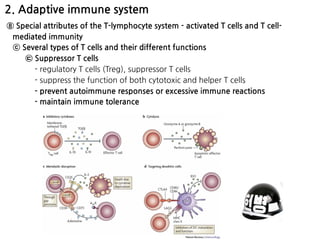 2. Adaptive immune system
⑧ Special attributes of the T-lymphocyte system - activated T cells and T cell-
mediated immunity
ⓒ Several types of T cells and their different functions
㉢ Suppressor T cells
- regulatory T cells (Treg), suppressor T cells
- suppress the function of both cytotoxic and helper T cells
- prevent autoimmune responses or excessive immune reactions
- maintain immune tolerance
 
