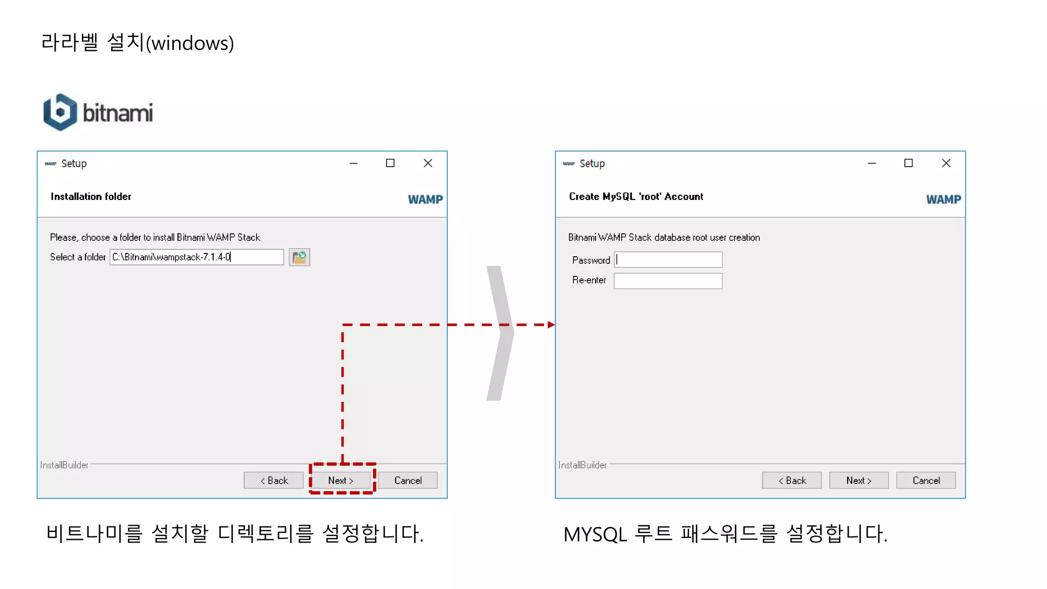 라라벨 설치(windows) 비트나미를 설치할 디렉토리를 설정합니다. MYSQL 루트 패스워드를 설정합니다. 