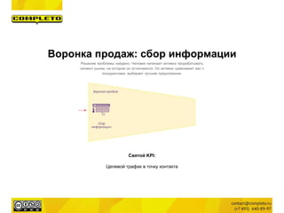Святой KPI:
Целевой трафик в точку контакта
Воронка продаж: сбор информации
Решение проблемы найдено. Человек начинает активно прорабатывать
сегмент рынка, на котором он остановился. Он активно сравнивает вас с
конкурентами, выбирает лучшее предложение.
 