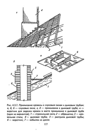 4
Рис. 4.3.7. Примыкание кровель к слуховым окнам и дымовым трубам:
о, б, в - СЛУХО8ые окна; г, д - примыкания к дымовой трубе; е -
воротник для заделки кровли 8 месте примыкания к ДЫМО80Й трубе
(один из вариантов); 1 - стропильная нога; 2 - обрешетка; 3 - кро­
вельная сталь; 4 - дымовая труба; 5 - распушка ДЫМО80Й трубы;
6 - воротник; 1 - кобылка из досок
177
 