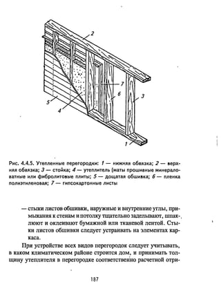 Рис. 4.4.5. Утепленные перегородки: 1 - нижняя обвязка; 2 - lSерх­
няя обвязка; 3 - стойка; 4 - утеплитель (маты прошивные минерало­
ватные или фиБРОЛИТОlSые плиты; 5 - дощатая оБШИlSка; 6 - пленка
полиэтиленовая; 7 - гипсокартонные листы
- стыки листов обшивки, наружные и внутренние углы, при­
мыанияя к стенам и потолку тщательно заделывают, шпак-,
люют и оклеивают бумажной или тканевой лентой. Сты­
ки листов обшивки следует устраивать на элементах кар­
каса.
При устройстве всех видов перегородок следует учитьшать,
в каком климатическом районе строится дом, и принимать тол­
щину утеплителя в перегородке соответственно расчетной отри-
187
 