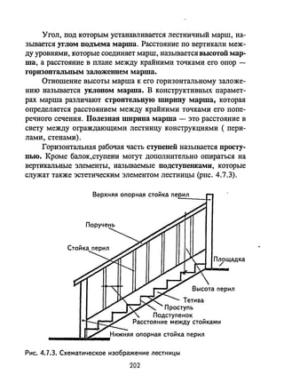 Угол, под которым устанавливается лестничный марш, на­
зьmается углом подъема марша. Расстояние по вертикали меж­
ду уровнями, которые соединяет марш, называется высотой мар­
ша, а расстояние в плане между крайними точками его опор -
горнзовталыIмM заложением марша.
Отношение высоты марша к его горизонтальному заложе­
нию называется уклоном марша. В конструктивных парамет­
рах марша различают строительную ШlIрllIlУ марша, которая
определяется расстоянием между крайними точками его попе­
речного сечения. Полезная ширнна марша - это расстояние в
свету между ограждающими лестницу конструкциями ( перн­
лами, стенами).
Горизонтальная рабочая часть ступеней называется ПРОСТУ­
ныо. Кроме балок,ступени могут дополнительно опираться на
вертикальные элементы, назьmаемые подступеllкаМII, которые
служат также эстетическим элементом лестницы (рис. 4.7.3).
Площадка
/
Высота перил
Тетива
Проступь
 Подступенок
Расстояние между стойками
Рис. 4.7.3. Схематическое изображение лестницы
202
 