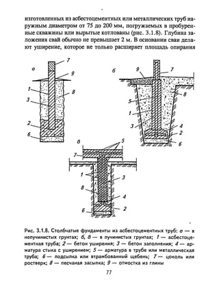 изготовленных из асбестоцементных или металлических труб на­
ружным диаметром от 75 до 200 мм, погружаемых в пробурен­
ные скважины или вырытые котлованы (рис. 3.1.8). Глубина за­
ложения свай обычно не превышает 2 м. В основании сваи дела­
ют уширение, которое не только расширяет площадь опирания
1
3
2
8
б 9 7
Рис. 3.1.8. Столбчатые фундаменты из асбестоцементных труб: а - в
непучинистых грунтах; б, в - в пучинистых грунтах; 1 - асбестоце­
ментная труба; 2 - бетон уширения; 3 - бетон заполнения; 4 - ар­
матура стыка суширением; 5 - арматура в трубе или металлическая
труба; б - подсыпка или втрамбованный щебень; 7 - цоколь или
ростверк; 8 - песчаная засыпка; 9 - отмостка из глины
77
 