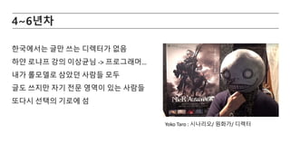 4~6년차
한국에서는 글만 쓰는 디렉터가 없음
하얀 로냐프 강의 이상균님 -> 프로그래머…
내가 롤모델로 삼았던 사람들 모두
글도 쓰지만 자기 전문 영역이 있는 사람들
또다시 선택의 기로에 섬
Yoko Taro : 시나리오/ 원화가/ 디렉터
 