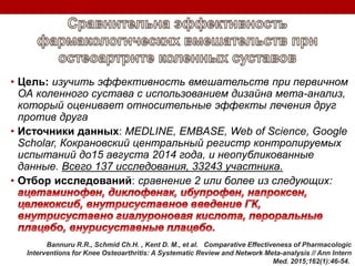 • Цель: изучить эффективность вмешательств при первичном
ОА коленного сустава с использованием дизайна мета-анализ,
который оценивает относительные эффекты лечения друг
против друга
• Источники данных: MEDLINE, EMBASE, Web of Science, Google
Scholar, Кокрановский центральный регистр контролируемых
испытаний до15 августа 2014 года, и неопубликованные
данные. Всего 137 исследования, 33243 участника.
• Отбор исследований: сравнение 2 или более из следующих:
Bannuru R.R., Schmid Ch.H. , Kent D. M., et al. Comparative Effectiveness of Pharmacologic
Interventions for Knee Osteoarthritis: A Systematic Review and Network Meta-analysis // Ann Intern
Med. 2015;162(1):46-54.
 