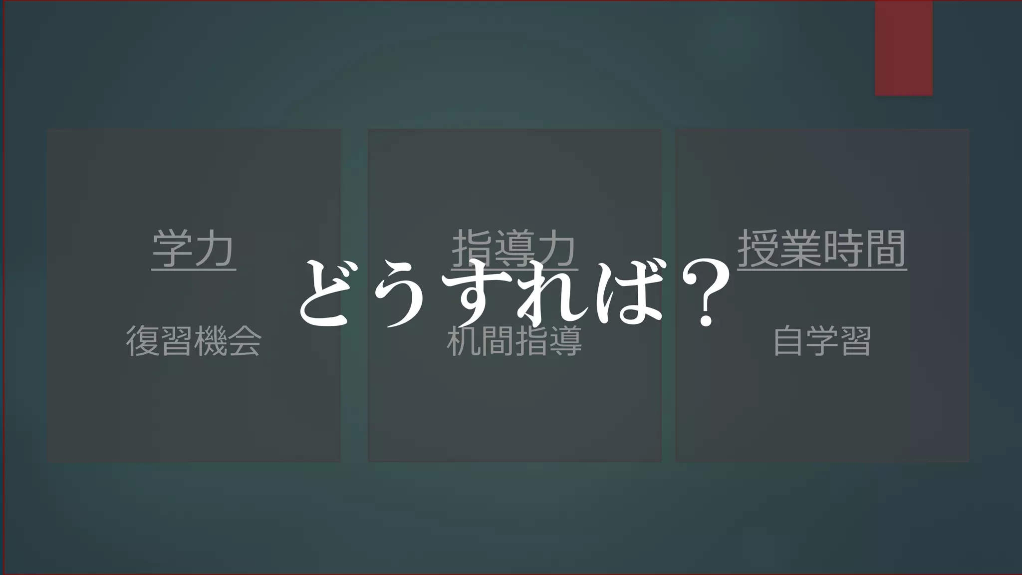 学⼒
復習機会
指導⼒
机間指導
授業時間
⾃学習
どうすれば？
 