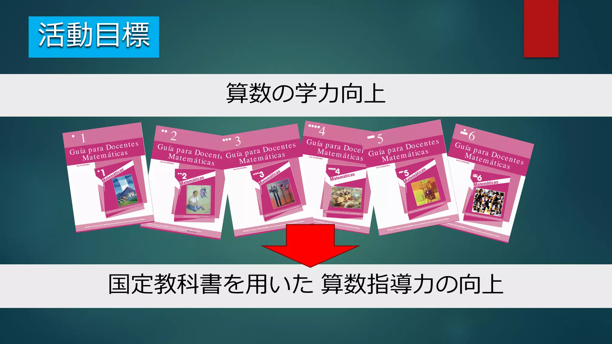 活動⽬標
国定教科書を⽤いた 算数指導⼒の向上
算数の学⼒向上
 