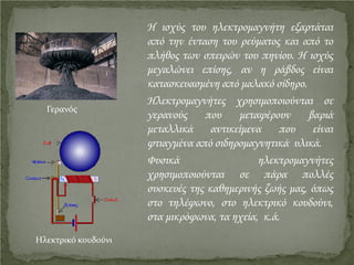 Η ισχύς του ηλεκτρομαγνήτη εξαρτάται
από την ένταση του ρεύματος και από το
πλήθος των σπειρών του πηνίου. Η ισχύς
μεγαλώνει επίσης, αν η ράβδος είναι
κατασκευασμένη από μαλακό σίδηρο.
Ηλεκτρομαγνήτες χρησιμοποιούνται σε
γερανούς που μεταφέρουν βαριά
μεταλλικά αντικείμενα που είναι
φτιαγμένα από σιδηρομαγνητικά υλικά.
Φυσικά ηλεκτρομαγνήτες
χρησιμοποιούνται σε πάρα πολλές
συσκευές της καθημερινής ζωής μας, όπως
στο τηλέφωνο, στο ηλεκτρικό κουδούνι,
στα μικρόφωνα, τα ηχεία, κ.ά.
Γερανός
Ηλεκτρικό κουδούνι
Επιμέλεια επανάληψης: Χρήστος Χαρμπής http://st-taksh.blogspot.gr σελ.12
 