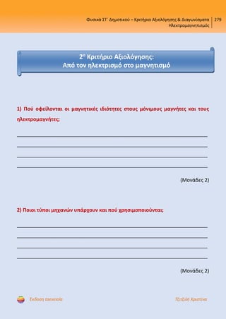 Φυσικά ΣΤ΄ Δημοτικού – Κριτήρια Αξιολόγησης & Διαγωνίσματα
Ηλεκτρομαγνητισμός
279
Έκδοση taexeiola Τζιτζιλή Χριστίνα
1) Πού οφείλονται οι μαγνητικές ιδιότητες στους μόνιμους μαγνήτες και τους
ηλεκτρομαγνήτες;
____________________________________________________________________
____________________________________________________________________
____________________________________________________________________
____________________________________________________________________
(Μονάδες 2)
2) Ποιοι τύποι μηχανών υπάρχουν και πού χρησιμοποιούνται;
____________________________________________________________________
____________________________________________________________________
____________________________________________________________________
____________________________________________________________________
(Μονάδες 2)
2ο
Κριτήριο Αξιολόγησης:
Από τον ηλεκτρισμό στο μαγνητισμό
Επιμέλεια επανάληψης: Χρήστος Χαρμπής http://st-taksh.blogspot.gr σελ.42
 