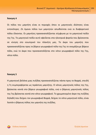 Φυσικά ΣΤ΄ Δημοτικού – Κριτήρια Αξιολόγησης & Διαγωνίσματα
Ηλεκτρομαγνητισμός
293
Έκδοση taexeiola Τζιτζιλή Χριστίνα
Άσκηση 4
Οι πόλοι του μαγνήτη είναι οι περιοχές όπου οι μαγνητικές ιδιότητες είναι
εντονότερες .Οι όμοιοι πόλοι των μαγνητών απωθούνται ενώ οι διαφορετικοί
πόλοι έλκονται. Οι μαγνήτες προσανατολίζονται σύμφωνα με το μαγνητικό πεδίο
της Γης. Το μαγνητικό πεδίο αυτό οφείλεται στα ηλεκτρικά φορτία που βρίσκονται
σε κίνηση στο εσωτερικό του πλανήτη μας. Το άκρο του μαγνήτη που
προσανατολίζεται προς το βόρειο γεωγραφικό πόλο της Γης το ονομάζουμε βόρειο
πόλο, ενώ το άκρο που προσανατολίζεται στο νότιο γεωγραφικό πόλο της Γης,
νότιο πόλο.
Άσκηση 5
Η μαγνητική βελόνα μιας πυξίδας προσανατολίζεται πάντα προς το Βορρά, επειδή
η Γη συμπεριφέρεται ως τεράστιος μαγνήτης. Ο νότιος μαγνητικός πόλος της Γης,
βρίσκεται κοντά στο βόρειο γεωγραφικό πόλο, ενώ ο βόρειος μαγνητικός πόλος
της Γης βρίσκεται κοντά στο νότιο γεωγραφικό. Το χρωματισμένο άκρο της πυξίδας
δηλαδή που δείχνει τον γεωγραφικό Βορρά, δείχνει το νότιο μαγνητικό πόλο, είναι
λοιπόν ο βόρειος πόλος του μαγνήτη της πυξίδας.
Επιμέλεια επανάληψης: Χρήστος Χαρμπής http://st-taksh.blogspot.gr σελ.56
 