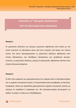 Φυσικά ΣΤ΄ Δημοτικού – Κριτήρια Αξιολόγησης & Διαγωνίσματα
Ηλεκτρομαγνητισμός
295
Έκδοση taexeiola Τζιτζιλή Χριστίνα
Άσκηση 1
Οι μαγνητικές ιδιότητες των μόνιμων μαγνητών οφείλονται στον τρόπο με τον
οποίο κινούνται τα ηλεκτρόνια γύρω από τους πυρήνες στα άτομα των υλικών
αυτών. Και στους ηλεκτρομαγνήτες οι μαγνητικές ιδιότητες οφείλονται στην
κίνηση ηλεκτρονίων, των ελεύθερων ηλεκτρονίων του μεταλλικού αγωγού.
Συνεπώς, οι μαγνητικές ιδιότητες, μόνιμες ή προσωρινές, οφείλονται πάντοτε στην
κίνηση ηλεκτρικών φορτίων.
Άσκηση 2
Οι δύο τύποι μηχανών που χρησιμοποιούμε έως σήμερα είναι οι ηλεκτροκινητήρες
και οι μηχανές εσωτερικής καύσης. Τα περισσότερα μέσα μεταφοράς, αυτοκίνητα,
λεωφορεία, πλοία και αεροπλάνα χρησιμοποιούν μηχανές εσωτερικής καύσης με
καύσιμο το πετρέλαιο ή παράγωγα του. Με ηλεκτροκινητήρες λειτουργούν τα
τρόλεϊ, το μέτρο, το τραμ και ο σιδηρόδρομος.
Απαντήσεις 2ου
Κριτηρίου Αξιολόγησης:
Από τον ηλεκτρισμό στον μαγνητισμό
Επιμέλεια επανάληψης: Χρήστος Χαρμπής http://st-taksh.blogspot.gr σελ.58
 