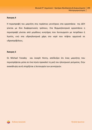 Φυσικά ΣΤ΄ Δημοτικού – Κριτήρια Αξιολόγησης & Διαγωνίσματα
Ηλεκτρομαγνητισμός
299
Έκδοση taexeiola Τζιτζιλή Χριστίνα
Άσκηση 4
Η περιστροφή του μαγνήτη στις τεράστιες γεννήτριες στα εργοστάσια της ΔΕΗ
γίνεται με δύο διαφορετικούς τρόπους. Στα θερμοηλεκτρικά εργοστάσια η
περιστροφή γίνεται από μεγάλους κινητήρες που λειτουργούν με πετρέλαιο ή
λιγνίτη, ενώ στα υδροηλεκτρικά χάρη στο νερό που πέφτει ορμητικά σε
υδροστρόβιλους.
Άσκηση 5
Οι Michael Faradey και Joseph Henry, απέδειξαν ότι ένας μαγνήτης που
περιστρέφεται μέσα σε ένα πηνίο προκαλεί τη ροή του ηλεκτρικού ρεύματος. Στην
ανακάλυψη αυτή στηρίζεται η λειτουργία των γεννητριών.
Επιμέλεια επανάληψης: Χρήστος Χαρμπής http://st-taksh.blogspot.gr σελ.62
 
