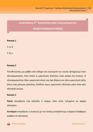 Φυσικά ΣΤ΄ Δημοτικού – Κριτήρια Αξιολόγησης & Διαγωνίσματα
Ηλεκτρομαγνητισμός
303
Έκδοση taexeiola Τζιτζιλή Χριστίνα
Άσκηση 1
1- α, δ
2- β, γ
Άσκηση 2
Τοποθετώντας μια ράβδο από σίδηρο στο εσωτερικό του πηνίου φτιάχνουμε έναν
ηλεκτρομαγνήτη, στον οποίο οι μαγνητικές ιδιότητες είναι ακόμα πιο έντονες. Ο
ηλεκτρομαγνήτης έλκει μαγνητικά υλικά, και έχει βόρειο και νότιο μαγνητικό πόλο,
όπως ένας μόνιμος μαγνήτης, διαθέτει όμως μαγνητικές ιδιότητες μόνο όταν ρέει
ηλεκτρικό ρεύμα.
Άσκηση 3
Πηνίο ονομάζεται ένα καλώδιο ή σύρμα, όταν είναι τυλιγμένο με σχήμα
ελατηρίου.
Γεννήτρια ονομάζεται η συσκευή με την οποία μετατρέπουμε ενέργεια διαφόρων
μορφών σε ηλεκτρική.
Απαντήσεις 2ου
Επαναληπτικού Διαγωνίσματος:
ΗΛΕΚΤΡΟΜΑΓΝΗΤΙΣΜΟΣ
Επιμέλεια επανάληψης: Χρήστος Χαρμπής http://st-taksh.blogspot.gr σελ.66
 