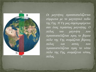 Οι μαγνήτες προσανατολίζονται
σύμφωνα με το μαγνητικό πεδίο
της Γης. Η Γη μας συμπεριφέρεται
σαν ένας τεράστιος μαγνήτης. Ο
πόλος του μαγνήτη που
προσανατολίζεται προς το βόρειο
πόλο της Γης ονομάζεται βόρειος
πόλος και αυτός που
προσανατολίζεται προς το νότιο
πόλο της Γης, ονομάζεται νότιος
πόλος.
Β
Ν
Ν
Β
Επιμέλεια επανάληψης: Χρήστος Χαρμπής http://st-taksh.blogspot.gr σελ.8
 