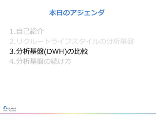 1.自己紹介
2.リクルートライフスタイルの分析基盤
3.分析基盤(DWH)の比較
4.分析基盤の続け方
本日のアジェンダ
 