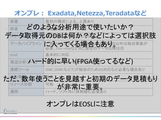 オンプレ： Exadata,Netezza,Teradataなど
容量 最初の構成による。上限あり
料金 初期費用が高い
スケール ほぼ出来ないと思った方が良い
データパイプライン 一部OSSが対応してるものの、有償のもの以外は独自実装が
必要。Ora->Exaなど同じ会社のデータ以降は◎
crud 基本的に対応
周辺分析ツール SPSS(IBM)など、各社特化して対応
接続ツール JDBC,ODBCなどだが独自のためOS対応など必要な場合あり
ANSI準拠 独自
リソース分割 可能
運用 ハード、ソフト共に体制組む必要あり
どのような分析用途で使いたいか？
データ取得元のDBは何か？などによっては選択肢
に入ってくる場合もあり。
ハード的に早い(FPGA使ってるなど)
ただ、数年使うことを見越すと初期のデータ見積もり
が非常に重要。
オンプレはEOSLに注意
 