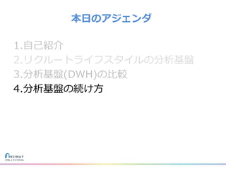 1.自己紹介
2.リクルートライフスタイルの分析基盤
3.分析基盤(DWH)の比較
4.分析基盤の続け方
本日のアジェンダ
 