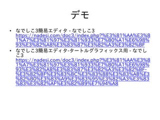 デモ
• なでしこ3簡易エディタ - なでしこ3
https://nadesi.com/doc3/index.php?%E3%81%AA%E3%8
1%A7%E3%81%97%E3%81%933%E7%B0%A1%E6%98%
93%E3%82%A8%E3%83%87%E3%82%A3%E3%82%BF
• なでしこ3簡易エディタ-タートルグラフィックス用 - なでし
こ3
https://nadesi.com/doc3/index.php?%E3%81%AA%E3%8
1%A7%E3%81%97%E3%81%933%E7%B0%A1%E6%98%
93%E3%82%A8%E3%83%87%E3%82%A3%E3%82%BF-
%E3%82%BF%E3%83%BC%E3%83%88%E3%83%AB%E3
%82%B0%E3%83%A9%E3%83%95%E3%82%A3%E3%83
%83%E3%82%AF%E3%82%B9%E7%94%A8
 