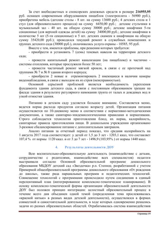 Страница 19
За счет внебюджетных и спонсорских денежных средств в размере 216955,95
руб. оснащен современным оборудованием пищеблок (электроплита - 56900 руб.),
приобретена мебель (детские столы - 8 шт. на сумму 13600 руб.; 4 детских стола и 1
стул (для образовательного процесса) на сумму 6450,00 руб.; детские стульчики в
музыкальный зал - 40 шт. на общую сумму 30000 руб.; детские шкафчики 5-ти
секционные (для верхней одежды детей) на сумму 34000,00 руб.; детские шкафчики в
количестве 5 шт (5-ти секционные) и 5 шт. детских скамеек к шкафчикам на общую
сумму 35420,00 руб.); проводился текущий ремонт в служебных помещениях и
группах детского сада (30000 руб.), оплачивалась услуга охраны - 10585, 95 руб.
Вместе с тем, имеются проблемы, при решении которых требуется:
- приобрести и установить 7 (семь) теневых навесов на территории детского
сада;
- провести капитальный ремонт канализации (на пищеблоке) и частично -
системы отопления, которые прослужили более 50 лет;
- провести частичный ремонт мягкой кровли, в связи с ее протечкой над
группами № 7 и № 8 здания второго корпуса;
- приобрести 2 новые и отремонтировать 2 имеющиеся в наличии камеры
видеонаблюдения, в связи с выходом их из строя (неисправностью).
Основной серьезной проблемой является необходимость укрепления
фундамента здания детского сада, в связи с постоянным образованием трещин на
фасаде здания в результате регулярного намокания грунта от талых и дождевых вод и
узкой отмостки здания.
Питанию в детском саду уделяется большое внимание. Составляется меню,
ведется норма расхода продуктов согласно возрасту детей. Организация питания
осуществляется по 10-дневному меню в соответствии с нормативно-методическими
документами, а также санитарно-эпидемиологическими правилами и нормативами.
Строго соблюдается технология приготовления блюд, их норма, калорийность,
санитарные правила приготовления пищи. В дошкольном учреждении организовано
3-разовое сбалансированное питание с дополнительным завтраком.
Анализ питания за отчетный период показал, что средняя калорийность на
1 августа 2017 года соответствует: у детей от 1,5 до 3 лет - 1203,1 ккал, что составляет
107,4 % от нормы 1120 ккал. и от 3 до 7 лет - 1496,9 (103,95% ) от нормы 1440 ккал.
4. Результаты деятельности ДОУ
Всю воспитательно-образовательную деятельность (взаимодействие с детьми,
сотрудничество с родителями, взаимодействие всех специалистов) педагоги
выстраивали согласно Основной образовательной программе дошкольного
образования МБДОУ детский сад «Звездочка» р.п. Степное, разработанной с учетом
Примерной общеобразовательной программы дошкольного образования «От рождения
до школы», также ряда парциальных программ и педагогических технологий.
Совмещение технологий с программами происходило путем соединения в единый
перспективный план (интегрированное комплексно-тематическое планирование). В
основу комплексно-тематической формы организации образовательной деятельности
ДОУ был положен принцип интеграции: целостный образовательный процесс в
течение всего дня объединен одной темой (определенная тема прослеживалась
«красной нитью» в разных видах детской деятельности), осуществлялся в формах
совместной и самостоятельной деятельности, в ходе которых одновременно решались
задачи из разных образовательных областей. Отрабатывалась система взаимодействия
 