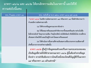 พรบ. ปี 2550 มาตรา 16 พรบ. (ฉบับที่ 2) พ.ศ. 2560 มาตรา 16/1 และ 16/2
“มาตรา 16/1 ในคดีความผิดตามมาตรา 14 หรือมาตรา 16 ซึ่งมีคาพิพากษาว่า
จาเลยมีความผิดศาลอาจสั่ง
(1) ให้ทาลายข้อมูลตามมาตราดังกล่าว
(2) ให้โฆษณาหรือเผยแพร่คาพิพากษาทั้งหมดหรือแต่บางส่วนในสื่อ
อิเล็กทรอนิกส์ วิทยุกระจายเสียง วิทยุโทรทัศน์ หนังสือพิมพ์ หรือสื่ออื่นใด ตามที่ศาล
เห็นสมควรโดยให้จาเลยเป็นผู้ชาระค่าโฆษณาหรือเผยแพร่
(3) ให้ดาเนินการอื่นตามที่ศาลเห็นสมควรเพื่อบรรเทาความเสียหายที่
เกิดขึ้นจากการกระทาความผิดนั้น
มาตรา 16/2 ผู้ใดรู้ว่าข้อมูลคอมพิวเตอร์ในความครอบครองของตน
เป็นข้อมูลที่ศาลสั่งให้ทาลายตามมาตรา 16/1 ผู้นั้นต้องทาลายข้อมูล
ดังกล่าว หากฝ่าฝืนต้องระวางโทษกึ่งหนึ่งของโทษที่บัญญัติไว้ในมาตรา
14 หรือมาตรา 16 แล้วแต่กรณี”
มาตรา 16/1 และ 16/2 ให้ยกเลิกความเดิมในมาตรานี้ และให้ใช้
ความต่อไปนี้แทน
 