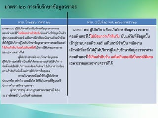 พรบ. ปี 2550 มาตรา 26 พรบ. (ฉบับที่ 2) พ.ศ. 2560 มาตรา 26
มาตรา ๒๖ ผู้ให้บริการต้องเก็บรักษาข้อมูลจราจรทาง
คอมพิวเตอร์ไว้ไม่น้อยกว่าเก้าสิบวันนับแต่วันที่ข้อมูลนั้นเข้า
สู่ระบบคอมพิวเตอร์ แต่ในกรณีจาเป็นพนักงานเจ้าหน้าที่จะ
สั่งให้ผู้ให้บริการผู้ใดเก็บรักษาข้อมูลจราจรทางคอมพิวเตอร์
ไว้เกินเก้าสิบวันแต่ไม่เกินหนึ่งปีเป็นกรณีพิเศษเฉพาะราย
และเฉพาะคราวก็ได้
ผู้ให้บริการจะต้องเก็บรักษาข้อมูลของ
ผู้ใช้บริการเท่าที่จาเป็นเพื่อให้สามารถระบุตัวผู้ใช้บริการ
นับตั้งแต่เริ่มใช้บริการและต้องเก็บรักษาไว้เป็นเวลาไม่น้อย
กว่าเก้าสิบวันนับตั้งแต่การใช้บริการสิ้นสุดลง
ความในวรรคหนึ่งจะใช้กับผู้ให้บริการ
ประเภทใด อย่างไร และเมื่อใด ให้เป็นไปตามที่รัฐมนตรี
ประกาศในราชกิจจานุเบกษา
ผู้ให้บริการผู้ใดไม่ปฏิบัติตามมาตรานี้ ต้อง
ระวางโทษปรับไม่เกินห้าแสนบาท
มาตรา 26 ผู้ให้บริการต้องเก็บรักษาข้อมูลจราจรทาง
คอมพิวเตอร์ไว้ไม่น้อยกว่าเก้าสิบวัน นับแต่วันที่ข้อมูลนั้น
เข้าสู่ระบบคอมพิวเตอร์ แต่ในกรณีจาเป็น พนักงาน
เจ้าหน้าที่จะสั่งให้ผู้ให้บริการผู้ใดเก็บรักษาข้อมูลจราจรทาง
คอมพิวเตอร์ไว้เกินเก้าสิบวัน แต่ไม่เกินสองปีเป็นกรณีพิเศษ
เฉพาะรายและเฉพาะคราวก็ได้
มาตรา 26 การเก็บรักษาข้อมูลจราจร
 