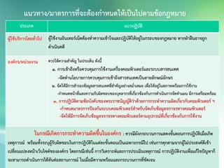 แนวทาง/มาตรการที่จะต้องกาหนดให้เป็นไปตามข้อกฎหมาย
ประเภท แนวปฏิบัติ
ผู้ใช้บริการโดยทั่วไป ผู้ใช้งานอินเทอร์เน็ตต้องทาความเข้าใจและปฏิบัติให้อยู่ในกรอบของกฎหมาย หากฝ่าฝืนอาจถูก
ดาเนินคดี
องค์กร/หน่วยงาน ควรให้ความสาคัญ ในประเด็น ดังนี้
1. การเข้าถึงหรือควบคุมการใช้งานเครื่องคอมพิวเตอร์และระบบสารสนเทศ
-จัดทานโยบายการควบคุมการเข้าถึงสารสนเทศเป็นลายลักษณ์อักษร
2. จัดให้มีการสารองข้อมูลสารสนเทศที่สาคัญอย่างสม่าเสมอ เพื่อให้อยู่ในสภาพพร้อมการใช้งาน
-กาหนดหน้าที่และความรับผิดชอบของบุคลากรที่เกี่ยวข้องกับการดาเนินการจัดทาแผน มีการเตรียมพร้อม
3. การปฏิบัติตามข้อบังคับของพระราชบัญญัติว่าด้วยการกระทาความผิดเกี่ยวกับคอมพิวเตอร์ ฯ
-กาหนดมาตรการป้องกันระบบคอมพิวเตอร์สาหรับจัดเก็บข้อมูลจราจรทางคอมพิวเตอร์
-จัดให้มีการจัดเก็บข้อมูลจราจรทางคอมพิวเตอร์ตามอุปกรณ์ที่เกี่ยวข้องกับการใช้งาน
ในกรณีเกิดการกระทาความผิดขึ้นในองค์กร : ควรมีผังกระบวนการแสดงขั้นตอนการปฏิบัติเมื่อเกิด
เหตุการณ์ พร้อมทั้งระบุผู้รับผิดชอบในการปฏิบัติในแต่ละขั้นตอนเป็นเฉพาะกรณีไป เช่นการคุกคามจากผู้ไม่ประสงค์ดีเข้า
เปลี่ยนแปลงหน้าเว็บไซต์ขององค์กร โดยกรณีเช่นนี้ การวิเคราะห์และการประเมินเหตุการณ์ การปฏิบัติงานเพื่อแก้ไขปัญหาก็
จะสามารถดาเนินการได้ทันต่อสถานการณ์ ในเมื่อมีความพร้อมและกระบวนการที่ชัดเจน
 