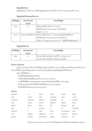 โปรแกรม Microsoft Visual Studio (C#) เรื่อง ข้อมูล ตัวแปร ตัวดำเนินกำร โดยครูนฤมล สุนทอง | 2
ข้อมูลชนิดตรรกะ
ข้อมูลชนิดตรรกะ หรือ bool ใช้เก็บข้อมูลด้ำนตรรกศำสตร์ คือ ค่ำจริง (True) และค่ำเท็จ (False)
ข้อมูลชนิดตัวอักษรและข้อควำม
ชนิดข้อมูล หน่วยควำมจำ
(byte)
ขอบเขตข้อมูล
char 2 ตัวอักษรหนึ่งตัว เก็บแบบ Unicode
ใช้เครื่องหมำย Single Quote ครอบตัวอักษร
ตัวอย่ำง ‘O’ ‘K’
string ตำมควำมยำวข้อควำม ข้อควำม ตั้งแต่ 0 ถึง 231 (ประมำณสองพันล้ำนตัวอักษร)
ใช้เครื่องหมำย Double Quote ครอบข้อควำม
ตัวอย่ำง “My game by Visual C#” “ยินดีต้อนรับสู่เกมของเรำ”
ข้อมูลชนิดวันเวลำ
ชนิดข้อมูล หน่วยควำมจำ
(byte)
ขอบเขตข้อมูล
Date 8 วันเวลำ ตั้งแต่ 00:00:00 ของวันที่ 1 มกรำคม ค.ศ.0
ถึง 23:59:59 ของวันที่ 31 ธันวำคม ค.ศ.9999
ตัวแปร (Variable)
ตัวแปร (Variable) เป็นกำรอ้ำงถึงข้อมูล ด้วยค่ำของตัวแปร สำมำรถเปลี่ยนแปลงได้ตลอดเวลำที่โปรแกรม
ทำงำน ทั้งนี้ตัวแปรทุกตัวต้องถูกประกำศ ก่อนนำมำใช้ และต้องระบุชนิดข้อมูลที่จะใช้กับตัวแปร
หลักกำรตั้งชื่อตัวแปร
- ต้องขึ้นต้นชื่อด้วยตัวอักษรเท่ำนั้น
- ตัวอักษรพิมพ์เล็กพิมพ์ใหญ่ แตกต่ำงกัน (Case Sensitive)
- ควรตั้งชื่อให้สื่อควำมหมำยและสำมำรถบอกชนิดของตัวแปรได้ด้วย เช่น intAge
- ตัวอักษรแรกของคำต่อไปใช้ตัวอักษรพิมพ์ใหญ่ เช่น strFirstName
- ห้ำมตั้งชื่อซ้ำกับคำสงวน (Reserved Word)
คำสงวน
abstract as base bool break byte
case catch char checked class const
continue decimal default delegate do double
else enum event explicit extern false
finally fixed float for foreach get
goto if implicit in int interface
internal is lock long namespace new
null object operator out override params
partial private protected public readonly ref
 