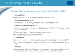 Οι πέντε στόχοι της ΕΕ για το 2020
Συμφωνηθέντα στο πλαίσιο της στρατηγικής Ευρώπη 2020:
• Απασχόληση
Απασχόληση του 75 % των ατόμων ηλικίας 20 - 64 ετών
• Έρευνα και καινοτομία
Επένδυση του 3 % του ΑΕγχΠ της ΕΕ στον τομέα της έρευνας
• Κλιματική αλλαγή/ενέργεια
Μείωση των εκπομπών αερίων το θερμοκηπίου σε επίπεδα 20 % χαμηλότερα
από ό,τι το 1990
20 % της ενέργειας να είναι από ανανεώσιμες πηγές
20 % αύξηση της ενεργειακής απόδοσης
• Εκπαίδευση
Μείωση της πρόωρης εγκατάλειψης του σχολείου σε ποσοστό κάτω του 10 %
Ολοκλήρωση τριτοβάθμιας εκπαίδευσης από 40 % των ατόμων ηλικίας 30-34
ετών
• Φτώχεια
20 εκατομμύρια λιγότεροι άνθρωποι να διαβιούν σε συνθήκες φτώχειας ή να
αντιμετωπίζουν την απειλή φτώχειας και κοινωνικού αποκλεισμού
 