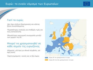Ευρώ: το ενιαίο νόμισμα των Ευρωπαίων
Χώρες ΕΕ που χρησιμοποιούν το ευρώ
Χώρες ΕΕ που δεν χρησιμοποιούν το ευρώ
Γιατί το ευρώ;
•Δεν έχει κίνδυνο διακύμανσης και κόστος
ξένου συναλλάγματος
•Περισσότερες επιλογές και σταθερές τιμές για
τους καταναλωτές
•Μεγαλύτερη οικονομική συνεργασία μεταξύ
των χωρών της ΕΕ
Μπορεί να χρησιμοποιηθεί σε
κάθε σημείο της ευρωζώνης
•Κέρματα: μία όψη με εθνικά σύμβολα, μία
όψη κοινή
•Χαρτονομίσματα: κοινές και οι δύο όψεις
 