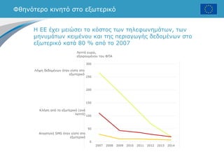Φθηνότερο κινητό στο εξωτερικό
Η ΕΕ έχει μειώσει το κόστος των τηλεφωνημάτων, των
μηνυμάτων κειμένου και της περιαγωγής δεδομένων στο
εξωτερικό κατά 80 % από το 2007
Αποστολή SMS όταν είστε στο
εξωτερικό
Κλήση από το εξωτερικό (ανά
λεπτό)
Λήψη δεδομένων όταν είστε στο
εξωτερικό
Λεπτά ευρώ,
εξαιρουμένου του ΦΠΑ
 
