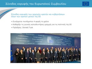 Σύνοδος κορυφής του Ευρωπαϊκού Συμβουλίου
• Συνέρχεται τουλάχιστον 4 φορές το χρόνο
• Καθορίζει τις γενικές κατευθυντήριες γραμμές για τις πολιτικές της ΕΕ
• Πρόεδρος: Donald Tusk
Σύνοδος κορυφής των αρχηγών κρατών και κυβερνήσεων
όλων των κρατών μελών της ΕΕ
 