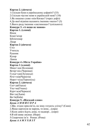 Картка 2. (дівчата)
1.Скільки букв в українському алфавіті? (33)
2.Скільки частин мови в українській мові? (10)
3.Як пишемо слово «пів-Києва»? (через дефіз)
4.До якої відміни належить іменник «мати»? (3)
5.Якого роду іменник «листиноша»? (спільного)
Конкурс 3. «А якщо не мовою»
Картка 1. (хлопці)
Вінок
Комп’ютер
Бібліотекар
Лікар
Картка 2 (дівчата)
Стіл
Учитель
Рушник
Кухар
Лампа
Конкурс 4 «Міста України»
Картка 1 (хлопці)
Мико+лоя (Коломия)
Вечір+ніц (Чернівці)
Гульк+сан(Луганськ)
Речі+гнів(Чернігів)
Норет+піль(Тернопіль)
Картка 2. (дівчата)
Сео+да(Одеса)
Унь+ма(Умань)
Керч+аси(Черкаси)
Вів+ль(Львів)
Ви+їк(Київ)
Конкурс 5. «Відгадай слово»
Букви А М Н И С О Р А
1.Що, згідно прислів’ю, на зиму готують улітку? (Сани)
2.Якщо картопля не варена, то вона…(сира)
3.Коли довго йдуть дощі, то надворі…(сиро)
4.В ній живе лисиця. (Нора)
5.Скорочене ім’я Роман. (Рома)
Букви А А М У Х В З Т
62
 