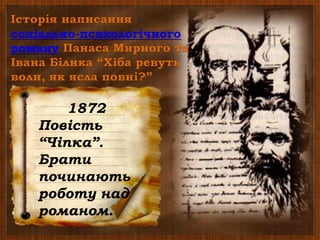 Історія написання
соціально-психологічного
роману Панаса Мирного та
Івана Білика “Хіба ревуть
воли, як ясла повні?”
1903,1905
Роман
виходить у
Києві під
назвою
“Пропаща
сила”
1880
У Женеві
М.Драгоманов
видає роман
“Хіба ревуть
воли, як ясла
повні?”
1876
Виходить
Емський
указ.
Твір не
може
вийти.
1873
Роботу над
текстом
завершено
1872
Повість
“Чіпка”.
Брати
починають
роботу над
романом.
 