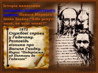Історія написання
соціально-психологічного
роману Панаса Мирного та
Івана Білика “Хіба ревуть
воли, як ясла повні?”
1903,1905
Роман
виходить у
Києві під
назвою
“Пропаща
сила”
1880
У Женеві
М.Драгоманов
видає роман
“Хіба ревуть
воли, як ясла
повні?”
1876
Виходить
Емський
указ.
Твір не
може
вийти.
1873
Роботу над
текстом
завершено
1872
Повість
“Чіпка”.
Брати
починають
роботу над
романом.
1872
Службові справи
у Гадячому.
Розповідь
візника про
Василя Гнидку.
Нарис “Подоріжжя
од Полтави до
Гадячого”
 
