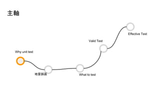 主軸
Why unit test
What to test地雷誤區
Valid Test
Effective Test
 