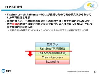 Copyright©2016 NTT Corp. All Rights Reserved.
17
• Fischer,Lynch,Pattersonの3人が提唱したのでその頭文字から取って
FLP不可能性と呼ぶ
• 端的に言うと、下の図の赤線より下の世界では「全ての壊れていないサー
バが有限の時間で確実に合意に至るアルゴリズムは存在しえない」という
事を理論的に証明した
• 比較的緩い故障モデルでもダメということはそれより下では絶対に無理という事
FLP不可能性
故障なし
Fail-Stop(同期通信)
Fail-Stop(非同期通信)
Crash-Recovery
Byzantine
 