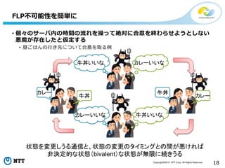 Copyright©2016 NTT Corp. All Rights Reserved.
18
• 個々のサーバ内の時間の流れを操って絶対に合意を終わらせようとしない
悪魔が存在したと仮定する
• 昼ごはんの行き先について合意を取る例
FLP不可能性を簡単に
状態を変更しうる通信と、状態の変更のタイミングとの間が悪ければ
非決定的な状態（bivalent）な状態が無限に続きうる
カレー
牛丼
牛丼
カレー
牛丼いいな カレーいいな
カレーいいな 牛丼いいな
 