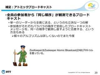 Copyright©2016 NTT Corp. All Rights Reserved.
20
•全員の参加者から「同じ順序」が観測できるブロード
キャスト
• 単一のリーダーから全員に送る、というのも立派な一つの解
• 参加者がそれぞれバラバラの順序で受信したブロードキャスト
メッセージを、同一の順序で観測し直すように合意する、という
方法もある
個々のアルゴリズムは詳しくないのでまた今度
補足：アトミックブロードキャスト
ZooKeeperはZookeeper Atomic Bloadcast(ZAB)プロトコル
を使っている。
 