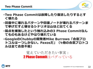 Copyright©2016 NTT Corp. All Rights Reserved.
32
Two Phase Commit
•Two Phase Commitは故障したり復活したりするとす
ぐ壊れる
•回復中に壊れるパターンや回復ノードが壊れるパターンま
で挙げだすと壊せるシナリオは山ほど出てくる
•弱点を補強したという触れ込みの3 Phase Commitなん
てものもあるけどやはり壊れている
•GoogleのChubbyの開発者Mike Burrows「合意プロ
トコルは一つしかない。Paxosだ」（≒他の合意プロトコ
ルは全て合意不能）
覚えていただきたい事実：
2 Phase Commitはバグっている
 