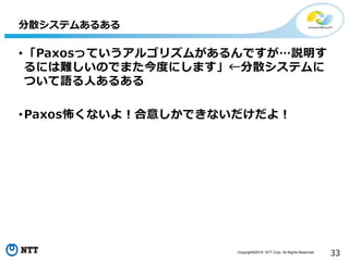 Copyright©2016 NTT Corp. All Rights Reserved.
33
•「Paxosっていうアルゴリズムがあるんですが…説明す
るには難しいのでまた今度にします」←分散システムに
ついて語る人あるある
•Paxos怖くないよ！合意しかできないだけだよ！
分散システムあるある
 