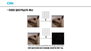 CNN
• 이미지 필터(커널)의 예시
어떤 필터인지에 따라 이미지를 다양하게 변형 가능
https://en.wikipedia.org/wiki/Kernel_(image_processing)
 