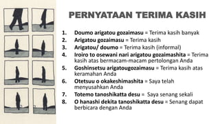 PERNYATAAN TERIMA KASIH
1. Doumo arigatou gozaimasu = Terima kasih banyak
2. Arigatou gozaimasu = Terima kasih
3. Arigatou/ doumo = Terima kasih (informal)
4. Iroiro to osewani nari arigatou gozaimashita = Terima
kasih atas bermacam-macam pertolongan Anda
5. Goshinsetsu arigatougozaimasu = Terima kasih atas
keramahan Anda
6. Otetsuu o okakeshimashita = Saya telah
menyusahkan Anda
7. Totemo tanoshikatta desu = Saya senang sekali
8. O hanashi dekita tanoshikatta desu = Senang dapat
berbicara dengan Anda
 