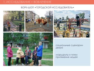 1. ИССЛЕДОВАНИЕ + ВОВЛЕЧЕНИЕ
социальные сценарии
двора
маршруты и точки
притяжения людей
ВОРК-ШОП •ГОРОДСКОЙ ИССЛЕДОВАТЕЛЬ•
 
