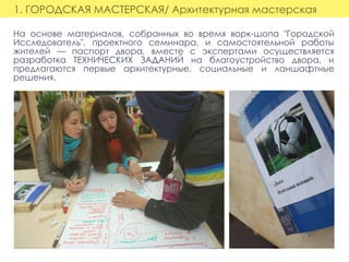1. ГОРОДСКАЯ МАСТЕРСКАЯ/ Архитектурная мастерская
На основе материалов, собранных во время ворк-шопа "Городской
Исследователь", проектного семинара, и самостоятельной работы
жителей — паспорт двора, вместе с экспертами осуществляется
разработка ТЕХНИЧЕСКИХ ЗАДАНИЙ на благоустройство двора, и
предлагаются первые архитектурные, социальные и ланшафтные
решения.
 