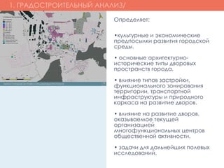 •культурные и экономические
предпосылки развития городской
среды.
• основные архитектурно-
исторические типы дворовых
пространств города.
• влияние типов застройки,
функционального зонирования
территории, транспортной
инфраструктуры и природного
каркаса на развитие дворов.
• влияние на развитие дворов,
оказываемое текущей
организацией
многофункциональных центров
общественной активности.
• задачи для дальнейших полевых
исследований.
1. ГРАДОСТРОИТЕЛЬНЫЙ АНАЛИЗ/
Определяет:
 