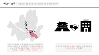 비즈니스족
강남구
(사업 또는 전문활동을 목적으로 한국을 방문한 관광객)
비즈니스족들의 교통 편의를 확보하기 위해 주요
회의장, 사무실, 호텔 등과 앞서 살펴본 비즈니스족
주요 여행 방문지를 연결하는 셔틀버스 운행
(강남 —> 호텔 —> 명동 —> 고궁)
서울시 및 서울시내 호텔과 연계하여 호텔 투숙객에
게 관광지 할인 혜택 제공
HOTEL
 