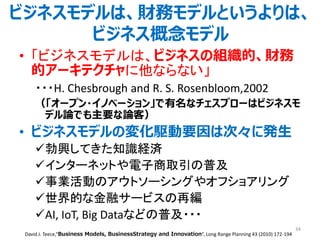 ビジネスモデルは、財務モデルというよりは、
ビジネス概念モデル
• 「ビジネスモデルは、ビジネスの組織的、財務
的アーキテクチャに他ならない」
・・・H. Chesbrough and R. S. Rosenbloom,2002
（「オープン・イノベーション」で有名なチェスブローはビジネスモ
デル論でも主要な論客）
• ビジネスモデルの変化駆動要因は次々に発生
勃興してきた知識経済
インターネットや電子商取引の普及
事業活動のアウトソーシングやオフショアリング
世界的な金融サービスの再編
AI, IoT, Big Dataなどの普及・・・
34
David J. Teece,“Business Models, BusinessStrategy and Innovation”, Long Range Planning 43 (2010) 172-194
 